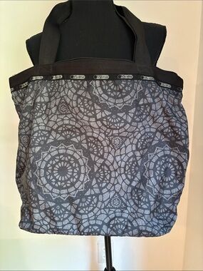 HUGE LESPORTSAC large tote work washable geometric henna design black gray